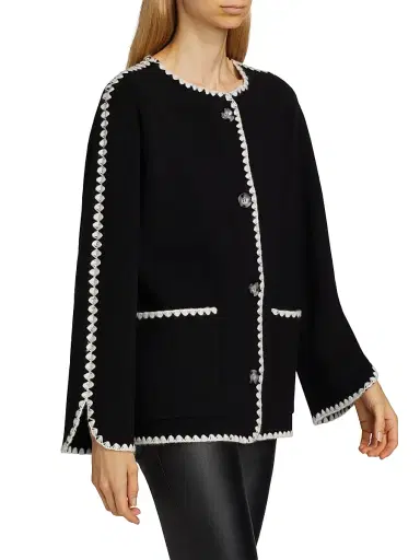 Saks Fifth Avenue Women's Whipstitch-Trim Cashmere Cardigan - Black Frost White | Thumbnail 4 Saks Fifth Avenue Women's Whipstitch-Trim Cashmere Cardigan - Black Frost White | Thumbnail 4