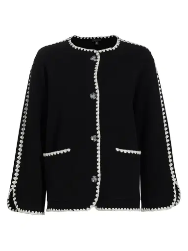 Saks Fifth Avenue Women's Whipstitch-Trim Cashmere Cardigan - Black Frost White | Thumbnail 1 Saks Fifth Avenue Women's Whipstitch-Trim Cashmere Cardigan - Black Frost White | Thumbnail 1