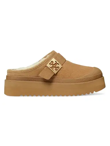 Tory Burch Women's Mellow Shearling-Trimmed Suede Mules - Light Chestnut Gold - Size 9.5 | Thumbnail 1 Tory Burch Women's Mellow Shearling-Trimmed Suede Mules - Light Chestnut Gold - Size 9.5 | Thumbnail 1