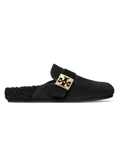 Tory Burch Women's Mellow Faux-Shearling Suede Mules - Black | Thumbnail 1 Tory Burch Women's Mellow Faux-Shearling Suede Mules - Black | Thumbnail 1