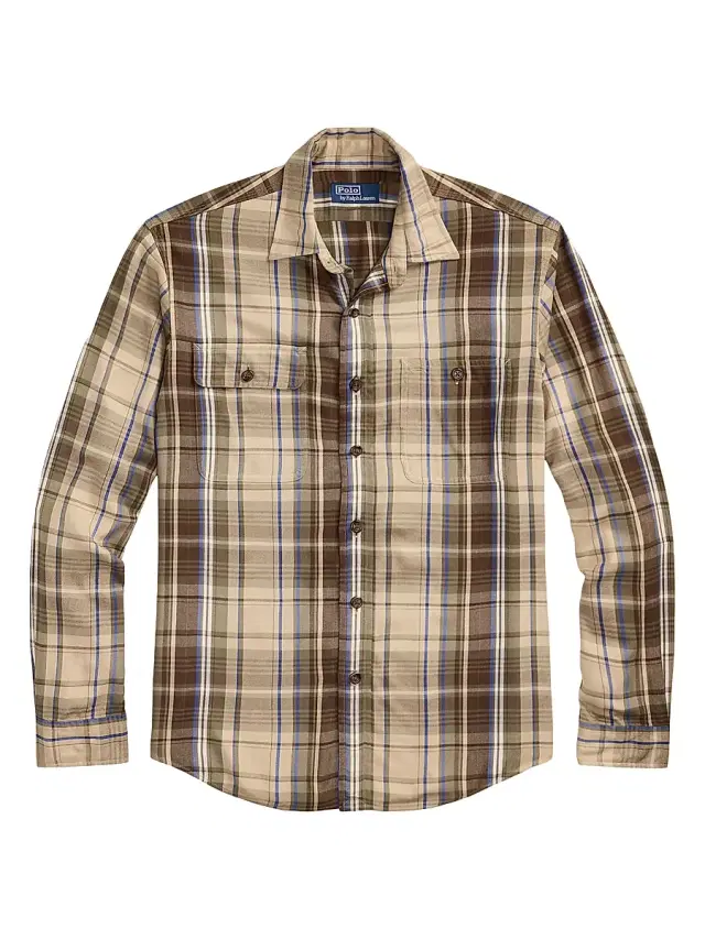 Men's Plaid Button-Up Shirt - Brown Blue Multicolor Men's Plaid Button-Up Shirt - Brown Blue Multicolor
