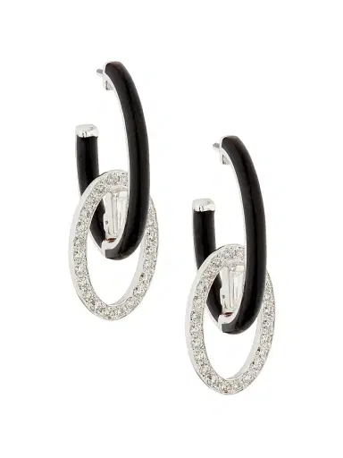 Nikos Koulis Women's Oui A-Round 18K White Gold, 0.69 TCW Diamond & Black Enamel Hoop Earrings - White Gold | Thumbnail 1 Nikos Koulis Women's Oui A-Round 18K White Gold, 0.69 TCW Diamond & Black Enamel Hoop Earrings - White Gold | Thumbnail 1