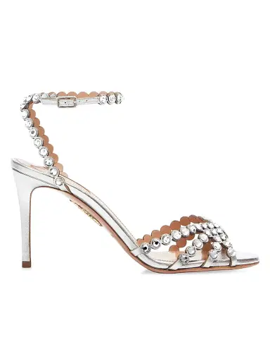 Aquazzura Women's Tequila 85MM Embellished Metallic Leather Sandals - Silver | Thumbnail 1 Aquazzura Women's Tequila 85MM Embellished Metallic Leather Sandals - Silver | Thumbnail 1