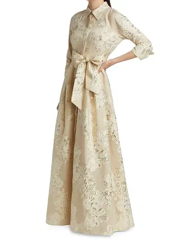 Teri Jon by Rickie Freeman Women's Three-Quarter Sleeve Metallic Jacquard Shirt Waist Gown - Champagne - Size 18 | Thumbnail 2 Teri Jon by Rickie Freeman Women's Three-Quarter Sleeve Metallic Jacquard Shirt Waist Gown - Champagne - Size 18 | Thumbnail 2