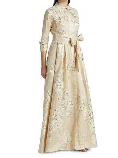 Teri Jon by Rickie Freeman Women's Three-Quarter Sleeve Metallic Jacquard Shirt Waist Gown - Champagne - Size 18 | Thumbnail 4 Teri Jon by Rickie Freeman Women's Three-Quarter Sleeve Metallic Jacquard Shirt Waist Gown - Champagne - Size 18 | Thumbnail 4