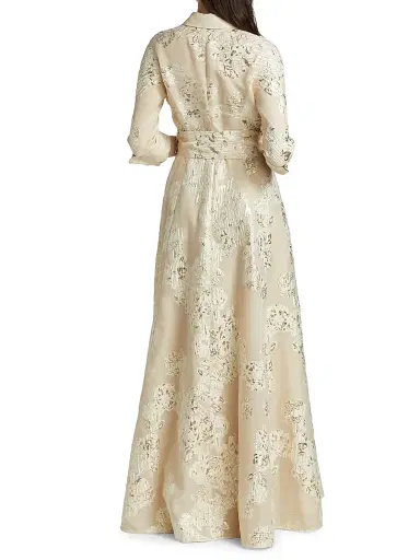 Teri Jon by Rickie Freeman Women's Three-Quarter Sleeve Metallic Jacquard Shirt Waist Gown - Champagne - Size 18 | Thumbnail 5 Teri Jon by Rickie Freeman Women's Three-Quarter Sleeve Metallic Jacquard Shirt Waist Gown - Champagne - Size 18 | Thumbnail 5