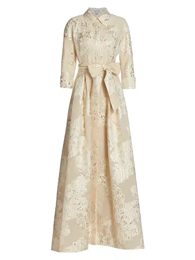 Teri Jon by Rickie Freeman Women's Three-Quarter Sleeve Metallic Jacquard Shirt Waist Gown - Champagne - Size 18 | Thumbnail 1 Teri Jon by Rickie Freeman Women's Three-Quarter Sleeve Metallic Jacquard Shirt Waist Gown - Champagne - Size 18 | Thumbnail 1