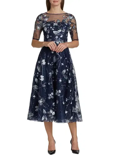 Teri Jon by Rickie Freeman Women's Embroidered Tulle Tea Dress - Navy Multi | Thumbnail 2 Teri Jon by Rickie Freeman Women's Embroidered Tulle Tea Dress - Navy Multi | Thumbnail 2