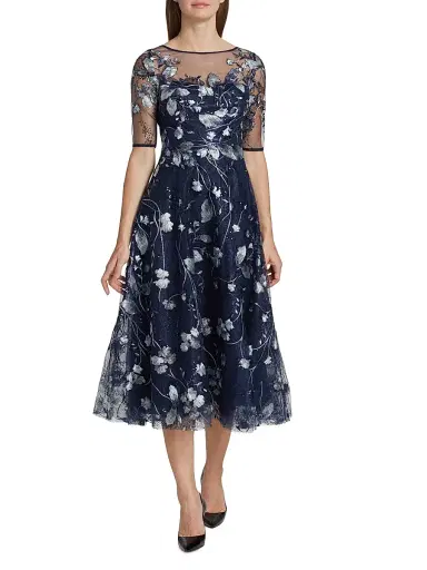Teri Jon by Rickie Freeman Women's Embroidered Tulle Tea Dress - Navy Multi | Thumbnail 3 Teri Jon by Rickie Freeman Women's Embroidered Tulle Tea Dress - Navy Multi | Thumbnail 3