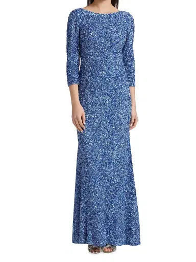 Theia Women's Three-Quarter Sleeve Sequin Sheath Gown - Oxford Blue | Thumbnail 3 Theia Women's Three-Quarter Sleeve Sequin Sheath Gown - Oxford Blue | Thumbnail 3