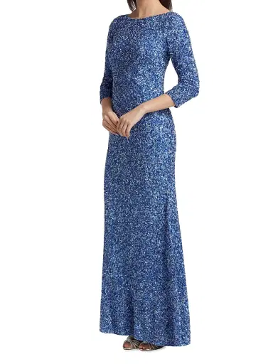 Theia Women's Three-Quarter Sleeve Sequin Sheath Gown - Oxford Blue | Thumbnail 4 Theia Women's Three-Quarter Sleeve Sequin Sheath Gown - Oxford Blue | Thumbnail 4