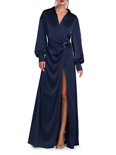 Halston Women's Ivon Charmeuse D-Loop Belt Gown - Navy | Thumbnail 2 Halston Women's Ivon Charmeuse D-Loop Belt Gown - Navy | Thumbnail 2