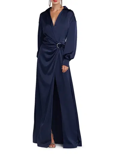 Halston Women's Ivon Charmeuse D-Loop Belt Gown - Navy | Thumbnail 3 Halston Women's Ivon Charmeuse D-Loop Belt Gown - Navy | Thumbnail 3