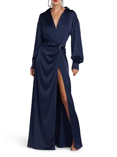 Halston Women's Ivon Charmeuse D-Loop Belt Gown - Navy | Thumbnail 4 Halston Women's Ivon Charmeuse D-Loop Belt Gown - Navy | Thumbnail 4