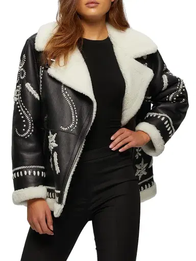 Gorski Women's Select Shearling Lamb Zip Jacket with Wool Embroidery - Black | Thumbnail 2 Gorski Women's Select Shearling Lamb Zip Jacket with Wool Embroidery - Black | Thumbnail 2
