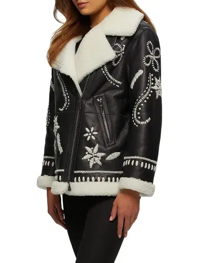 Gorski Women's Select Shearling Lamb Zip Jacket with Wool Embroidery - Black | Thumbnail 3 Gorski Women's Select Shearling Lamb Zip Jacket with Wool Embroidery - Black | Thumbnail 3