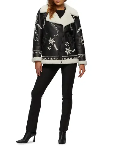 Gorski Women's Select Shearling Lamb Zip Jacket with Wool Embroidery - Black | Thumbnail 5 Gorski Women's Select Shearling Lamb Zip Jacket with Wool Embroidery - Black | Thumbnail 5