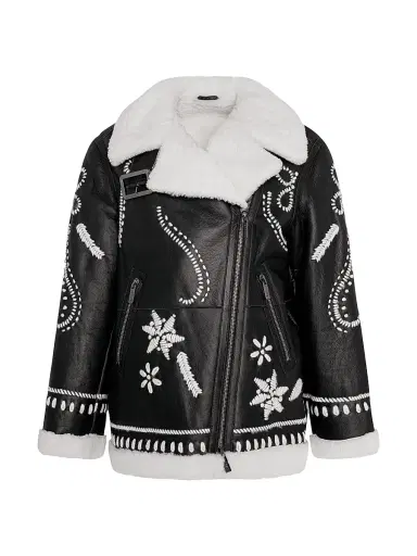 Gorski Women's Select Shearling Lamb Zip Jacket with Wool Embroidery - Black | Thumbnail 1 Gorski Women's Select Shearling Lamb Zip Jacket with Wool Embroidery - Black | Thumbnail 1