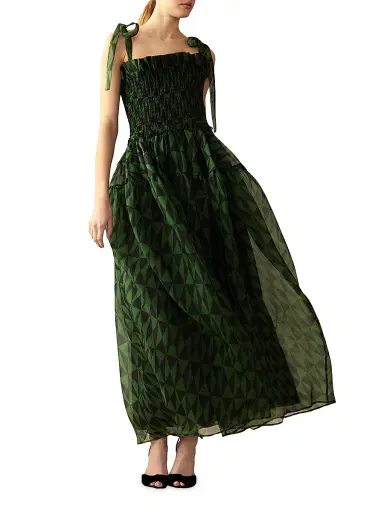 Cynthia Rowley Women's Smocked Tie-Strap Maxi Dress - Black Green | Thumbnail 2 Cynthia Rowley Women's Smocked Tie-Strap Maxi Dress - Black Green | Thumbnail 2