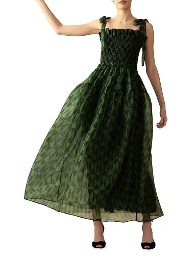 Cynthia Rowley Women's Smocked Tie-Strap Maxi Dress - Black Green | Thumbnail 5 Cynthia Rowley Women's Smocked Tie-Strap Maxi Dress - Black Green | Thumbnail 5