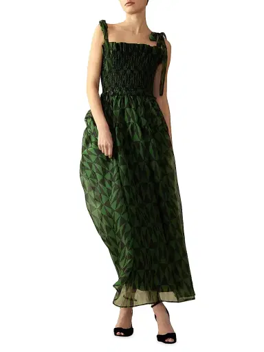 Cynthia Rowley Women's Smocked Tie-Strap Maxi Dress - Black Green | Thumbnail 6 Cynthia Rowley Women's Smocked Tie-Strap Maxi Dress - Black Green | Thumbnail 6