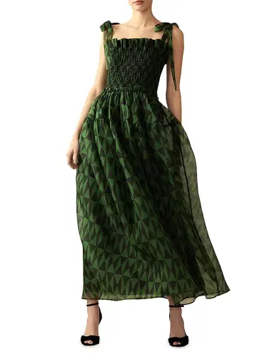 Cynthia Rowley Women's Smocked Tie-Strap Maxi Dress - Black Green | Thumbnail 1 Cynthia Rowley Women's Smocked Tie-Strap Maxi Dress - Black Green | Thumbnail 1