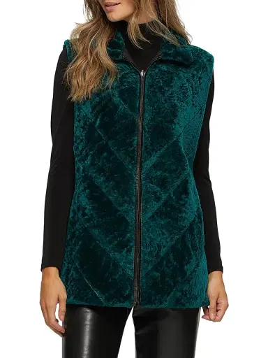 Gorski Women's Textured Shearling Lamb Zip Vest Reversible To Taffeta - Emerald | Thumbnail 2 Gorski Women's Textured Shearling Lamb Zip Vest Reversible To Taffeta - Emerald | Thumbnail 2