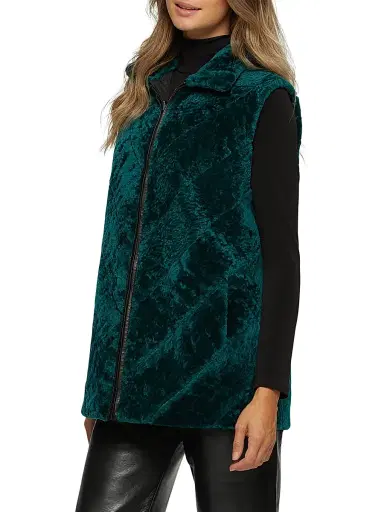 Gorski Women's Textured Shearling Lamb Zip Vest Reversible To Taffeta - Emerald | Thumbnail 3 Gorski Women's Textured Shearling Lamb Zip Vest Reversible To Taffeta - Emerald | Thumbnail 3