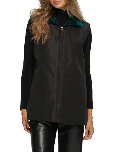 Gorski Women's Textured Shearling Lamb Zip Vest Reversible To Taffeta - Emerald | Thumbnail 5 Gorski Women's Textured Shearling Lamb Zip Vest Reversible To Taffeta - Emerald | Thumbnail 5