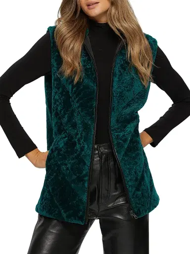 Gorski Women's Textured Shearling Lamb Zip Vest Reversible To Taffeta - Emerald | Thumbnail 6 Gorski Women's Textured Shearling Lamb Zip Vest Reversible To Taffeta - Emerald | Thumbnail 6