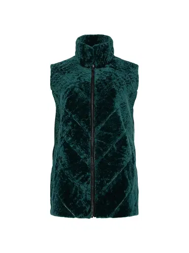 Gorski Women's Textured Shearling Lamb Zip Vest Reversible To Taffeta - Emerald | Thumbnail 1 Gorski Women's Textured Shearling Lamb Zip Vest Reversible To Taffeta - Emerald | Thumbnail 1