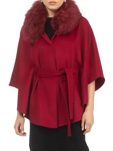 Gorski Women's Select Wool Belted Cape with Select Lamb Collar - Wine | Thumbnail 2 Gorski Women's Select Wool Belted Cape with Select Lamb Collar - Wine | Thumbnail 2