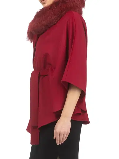 Gorski Women's Select Wool Belted Cape with Select Lamb Collar - Wine | Thumbnail 3 Gorski Women's Select Wool Belted Cape with Select Lamb Collar - Wine | Thumbnail 3