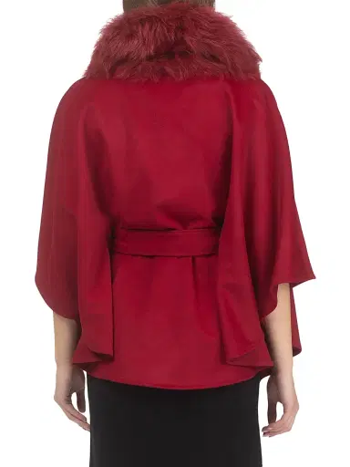 Gorski Women's Select Wool Belted Cape with Select Lamb Collar - Wine | Thumbnail 5 Gorski Women's Select Wool Belted Cape with Select Lamb Collar - Wine | Thumbnail 5