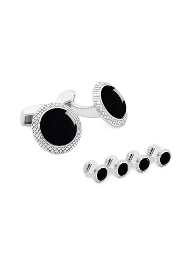 Tateossian Men's Bullseye 6-Piece Onyx & Rhodium Stud & Cufflink Set - Black | Thumbnail 1 Tateossian Men's Bullseye 6-Piece Onyx & Rhodium Stud & Cufflink Set - Black | Thumbnail 1