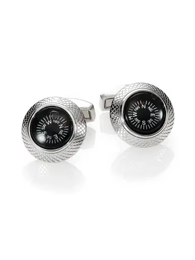 Tateossian Men's Compass Mechanical Cuff Links - Silver Black | Thumbnail 1 Tateossian Men's Compass Mechanical Cuff Links - Silver Black | Thumbnail 1