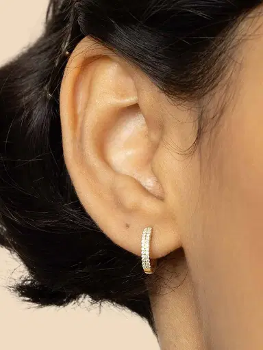 Oradina Women's 14K Yellow Gold Twin Row Diamond Mini Hoops - Yellow Gold | Thumbnail 3 Oradina Women's 14K Yellow Gold Twin Row Diamond Mini Hoops - Yellow Gold | Thumbnail 3