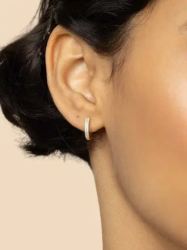 Oradina Women's 14K Yellow Gold Twin Row Diamond Mini Hoops - Yellow Gold | Thumbnail 4 Oradina Women's 14K Yellow Gold Twin Row Diamond Mini Hoops - Yellow Gold | Thumbnail 4