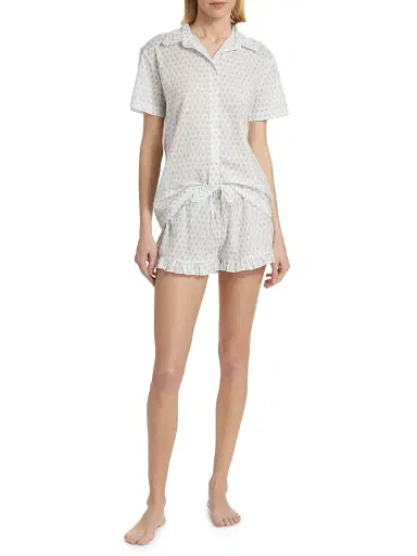 Pour Les Femmes Women's Karl Cotton Leaf-Print Frill Pajamas - Leaf Blockprint - Size XL | Thumbnail 2 Pour Les Femmes Women's Karl Cotton Leaf-Print Frill Pajamas - Leaf Blockprint - Size XL | Thumbnail 2