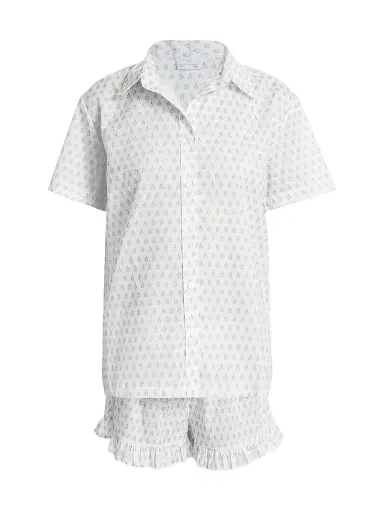 Pour Les Femmes Women's Karl Cotton Leaf-Print Frill Pajamas - Leaf Blockprint - Size XL | Thumbnail 1 Pour Les Femmes Women's Karl Cotton Leaf-Print Frill Pajamas - Leaf Blockprint - Size XL | Thumbnail 1