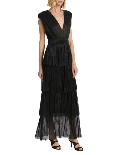 Sabina Musáyev Women's Skylar Tiered Belted Metallic Gown | Thumbnail 4 Sabina Musáyev Women's Skylar Tiered Belted Metallic Gown | Thumbnail 4
