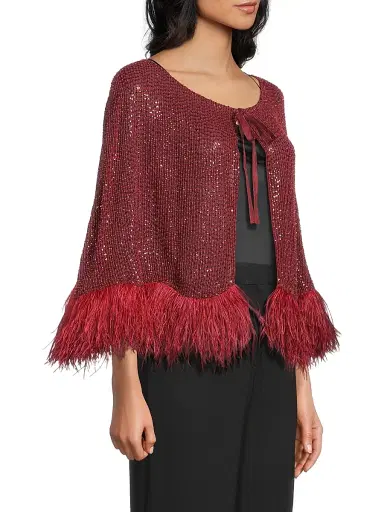 Carolyn Rowan Collection Women's Beaded Silk Feather-Trim Cape | Thumbnail 4 Carolyn Rowan Collection Women's Beaded Silk Feather-Trim Cape | Thumbnail 4
