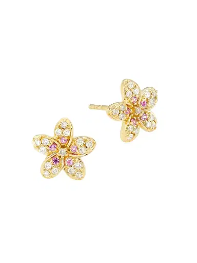 Sydney Evan Women's 14K Yellow Gold, Pink Sapphire & 0.13 TCW Diamond Plumeria Stud Earrings - Gold | Thumbnail 1 Sydney Evan Women's 14K Yellow Gold, Pink Sapphire & 0.13 TCW Diamond Plumeria Stud Earrings - Gold | Thumbnail 1