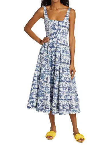 Staud Women's Wells A-Line Dress - China Blue Toile | Thumbnail 3 Staud Women's Wells A-Line Dress - China Blue Toile | Thumbnail 3