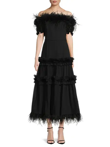 Shani Women's Off-the-Shoulder Feather-Trim Maxi Dress - Black | Thumbnail 2 Shani Women's Off-the-Shoulder Feather-Trim Maxi Dress - Black | Thumbnail 2