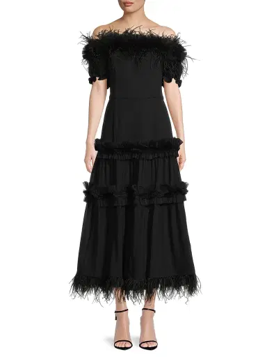 Shani Women's Off-the-Shoulder Feather-Trim Maxi Dress - Black | Thumbnail 3 Shani Women's Off-the-Shoulder Feather-Trim Maxi Dress - Black | Thumbnail 3
