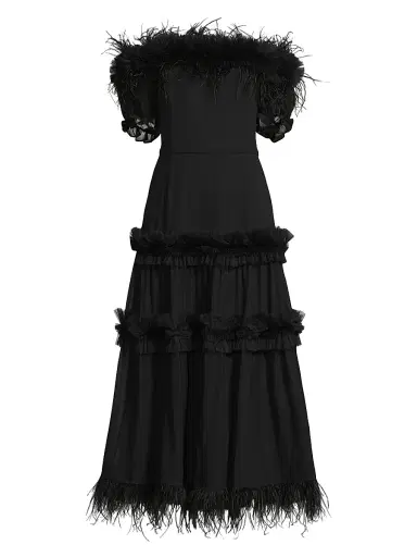 Shani Women's Off-the-Shoulder Feather-Trim Maxi Dress - Black | Thumbnail 1 Shani Women's Off-the-Shoulder Feather-Trim Maxi Dress - Black | Thumbnail 1