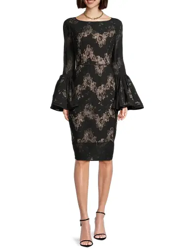 Shani Women's Metallic Lace Bell-Sleeve Sheath Dress - Black Beige - Size 14 | Thumbnail 2 Shani Women's Metallic Lace Bell-Sleeve Sheath Dress - Black Beige - Size 14 | Thumbnail 2