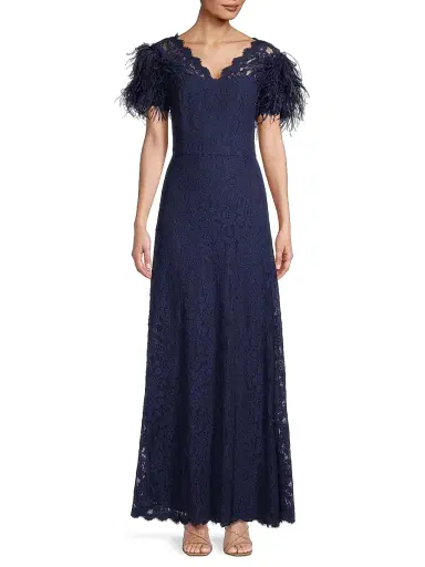 Shani Women's Lace & Feather V-Neck Gown - Navy - Size 10 | Thumbnail 2 Shani Women's Lace & Feather V-Neck Gown - Navy - Size 10 | Thumbnail 2