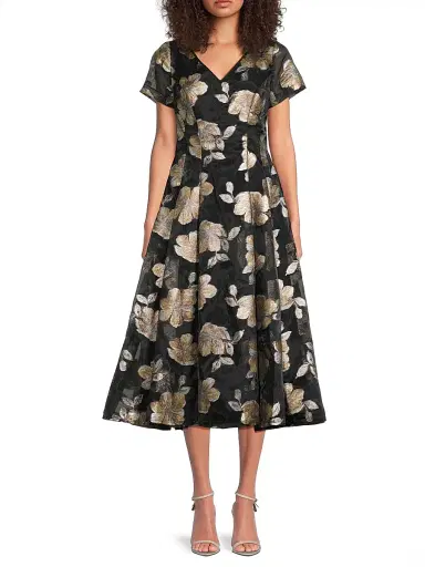 Shani Women's Jacquard Organza V-Neck Midi-Dress - Black Gold - Size 16 | Thumbnail 3 Shani Women's Jacquard Organza V-Neck Midi-Dress - Black Gold - Size 16 | Thumbnail 3